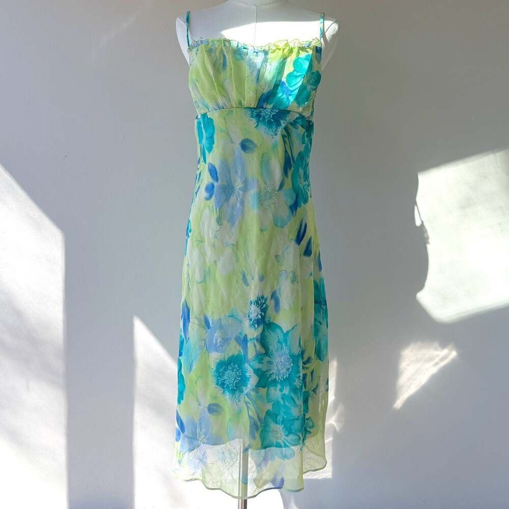 Vintage 90s Y2K Floral Chiffon Midi Dress Blue Green